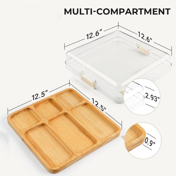 Dimension guide showing a 12.5 inch square bamboo board with 0.9 inch thickness and a 12.6 inch square lid labelled 2.93 inches high