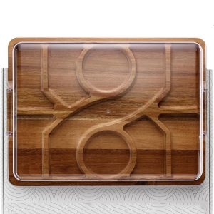 Rectangular wooden charcuterie board with lid, five main serving compartments and circular recesses