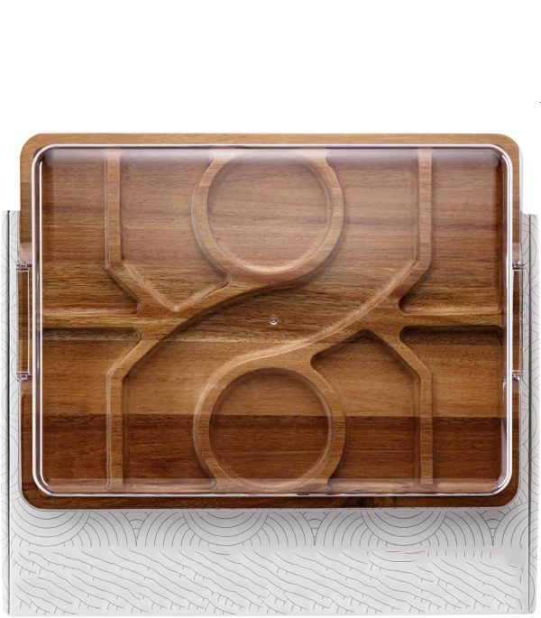 Rectangular wooden charcuterie board with lid, five main serving compartments and circular recesses