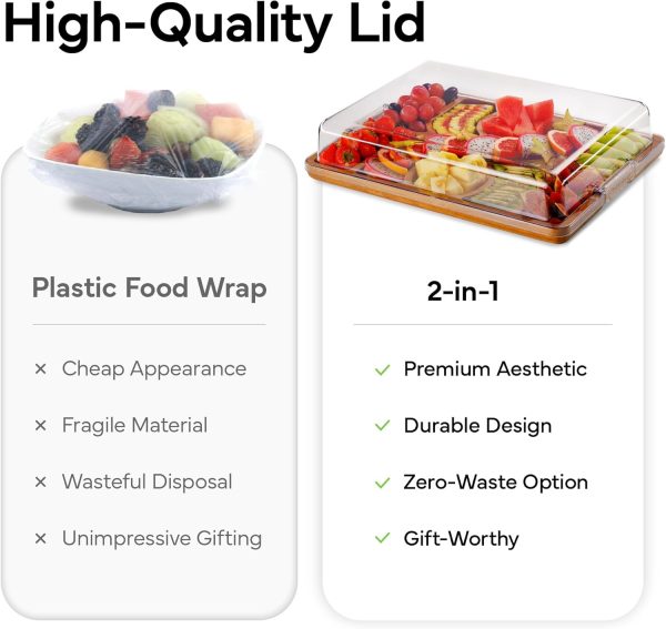 Product graphic showing a clear lid over a rectangular wooden snack board beside a food wrap comparison
