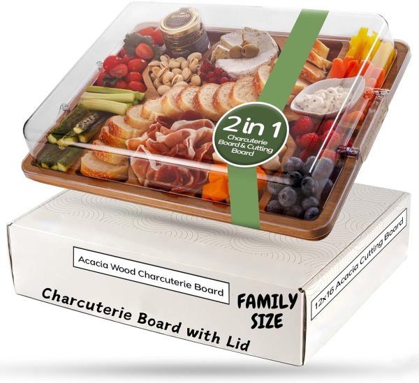 Wooden charcuterie board with a clear lid, illustrative food and a rectangular gift box