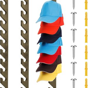 Three vertical wooden hat racks with ten hooks each, baseball caps, six screws and six yellow wall plugs