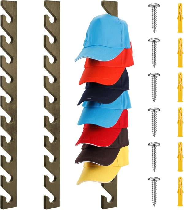 Three vertical wooden hat racks with ten hooks each, baseball caps, six screws and six yellow wall plugs