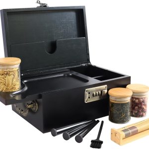Black bamboo box with combination lock, slide-out tray, three glass jars, three storage tubes, roller and cleaning brush