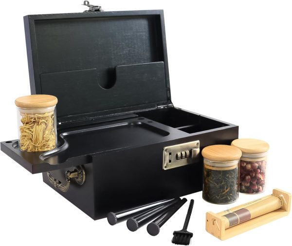 Black bamboo box with combination lock, slide-out tray, three glass jars, three storage tubes, roller and cleaning brush