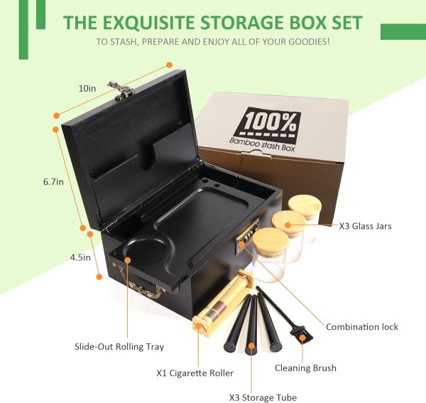 Bamboo locking box set with removable tray, three glass jars, three storage tubes, one roller and one cleaning brush