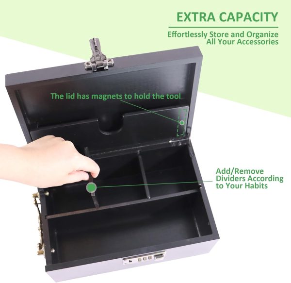 Open black bamboo box with a hand lifting an internal divider and a notched storage pocket inside the lid