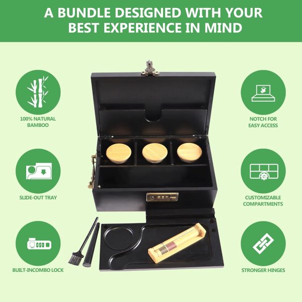 Open bamboo combination lock box holding three lidded jars with the removable tray and tools arranged in front