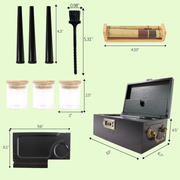 Dimension guide showing a 10 by 6.7 by 4.5 inch bamboo box, 9.6 by 6.1 inch tray, jars, tubes, roller and brush