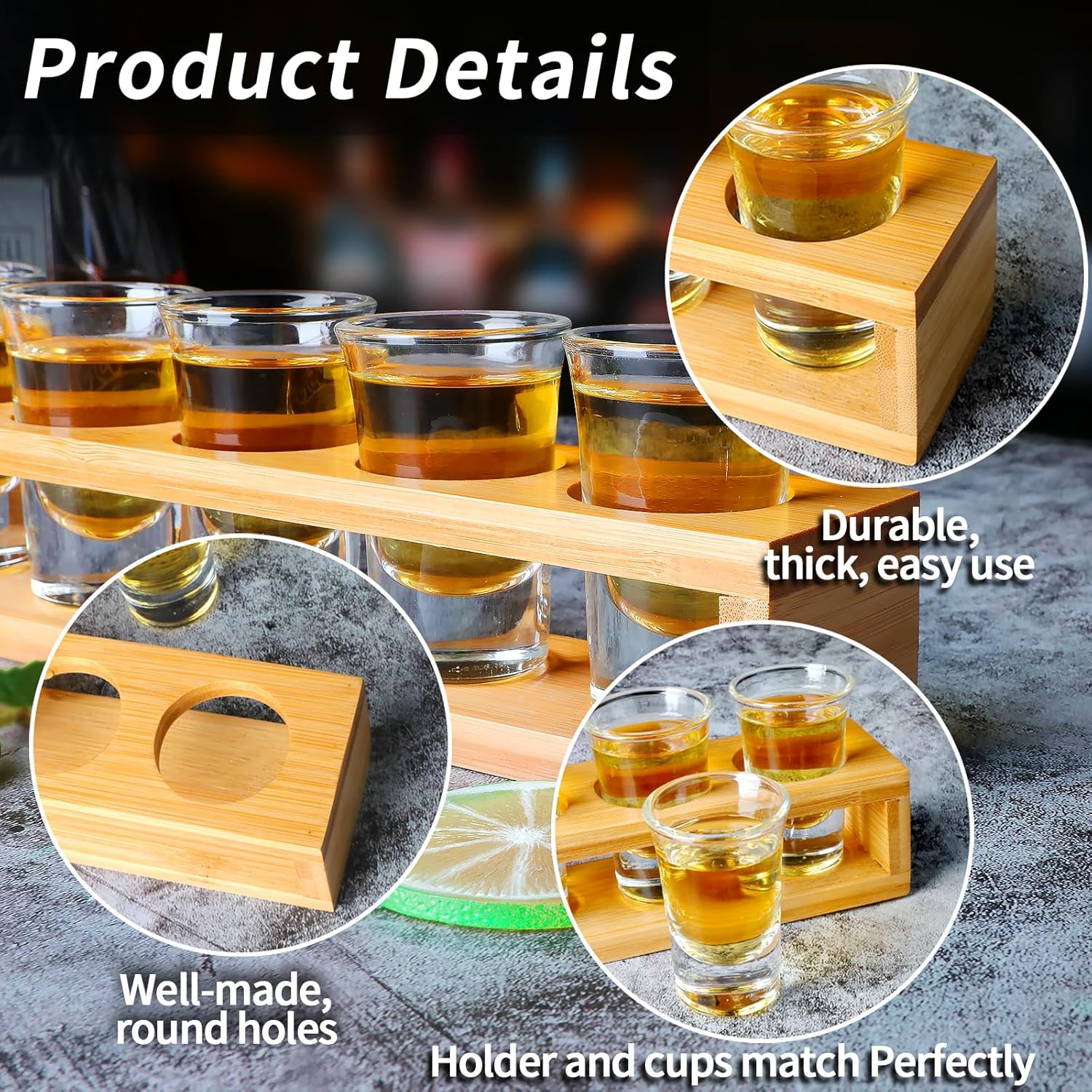 Reference collage of a raised shot glass rack showing round openings, the frame and glasses held above the base