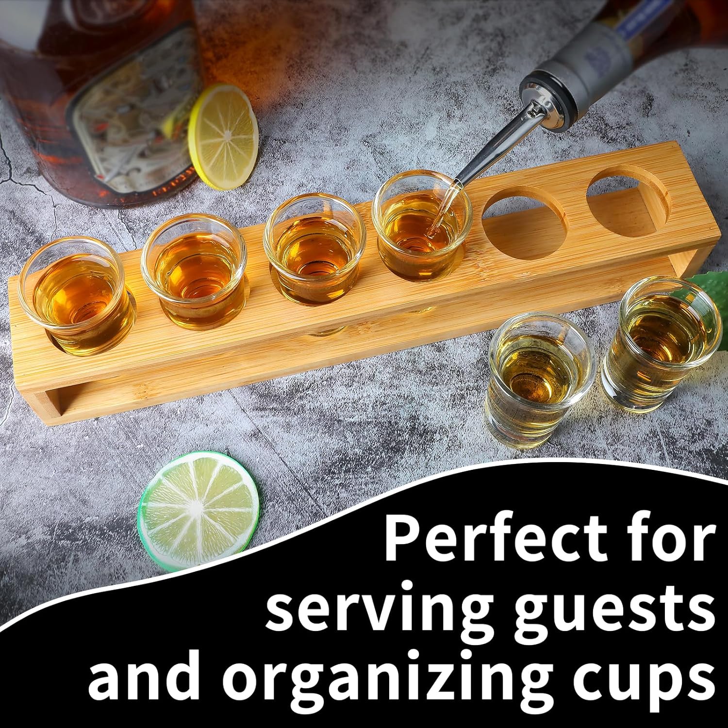 Reference design of a long raised shot glass rack with six openings, shown with four glasses on the rack and two beside it