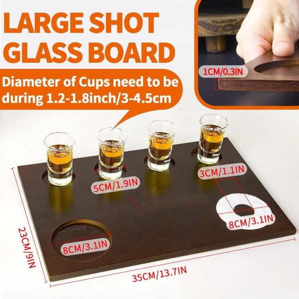 Metric dimension guide for a four-place wooden shot board labelled 35 by 23 by 1 cm with glass, citrus and salt recess measurements