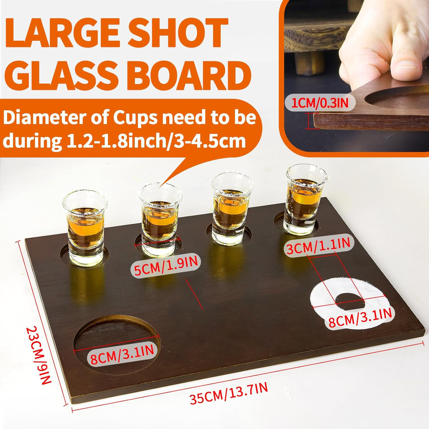 Metric dimension guide for a four-place wooden shot board labelled 35 by 23 by 1 cm with glass, citrus and salt recess measurements