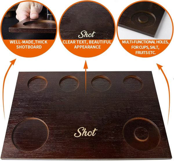 Flat wooden shot board showing four round glass recesses, citrus recess, salt ring and a Shot lettering example