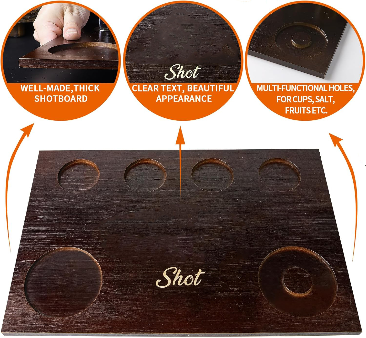 Flat wooden shot board showing four round glass recesses, citrus recess, salt ring and a Shot lettering example