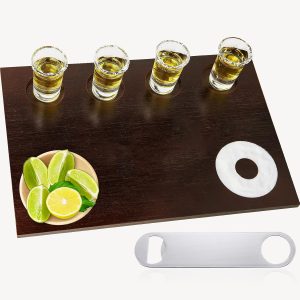 Dark brown wooden shot glass serving tray with four glass recesses, citrus recess and ring-shaped salt area