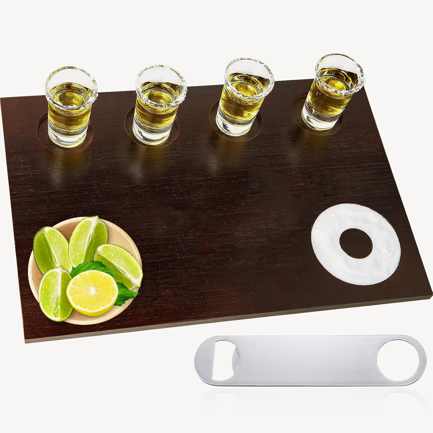 Dark brown wooden shot glass serving tray with four glass recesses, citrus recess and ring-shaped salt area