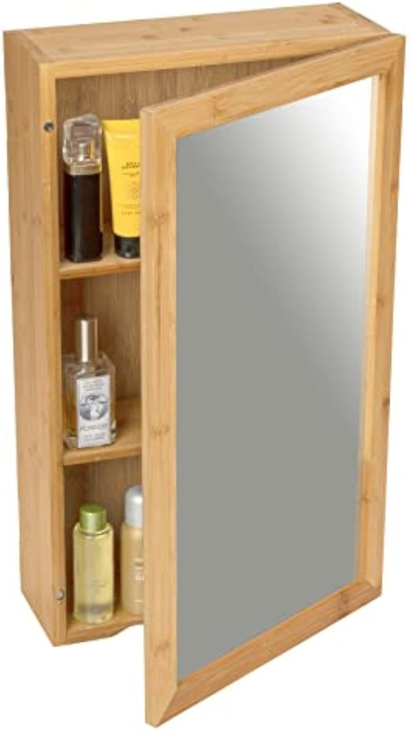 Reference bamboo cabinet with an open reflective framed door and bottles arranged in three storage sections
