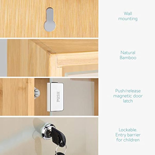 Bamboo medicine cabinet detail collage showing keyhole mounting slot, bamboo frame, push-release latch and key lock