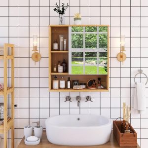 Bamboo bathroom mirror cabinet mounted above a basin with two open left compartments and a full-width bottom shelf