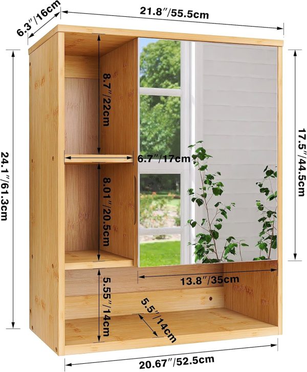 Bamboo bathroom mirror cabinet dimension diagram labelled 55.5 cm wide, 16 cm deep and 61.3 cm high with internal measurements