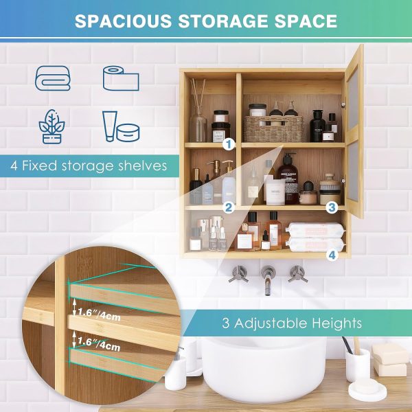 Open bamboo bathroom mirror cabinet storage diagram showing the inner adjustable shelf at three positions spaced 4 cm apart