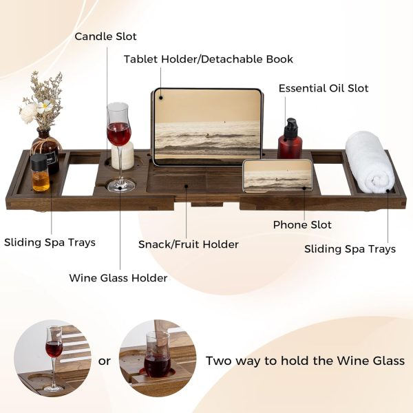 Labelled teak bath tray showing tablet or book support, phone slot, glass holder, candle recess, bottle recess and sliding end trays