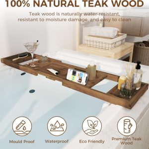 Teak bath tray extended across a white bathtub with a glass holder, phone support and accessory areas