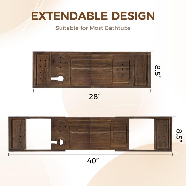 Teak bath tray dimension diagram marked 28 inches closed, 40 inches extended and 8.5 inches wide