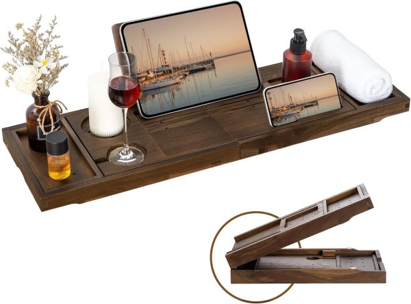 Teak bath tray holding a tablet and phone with an inset showing the tray folding at its central hinge