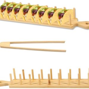 Bamboo taco tray shown empty and filled with eight tacos beside a matching pair of bamboo tongs