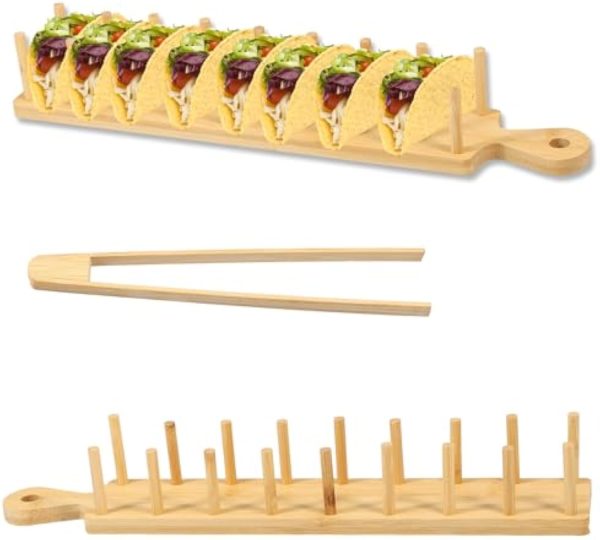 Bamboo taco tray shown empty and filled with eight tacos beside a matching pair of bamboo tongs