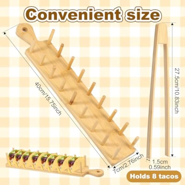 Bamboo taco holder dimension diagram labelled 40 by 7 cm and bamboo tongs labelled 27.5 by 1.5 cm with eight-taco capacity
