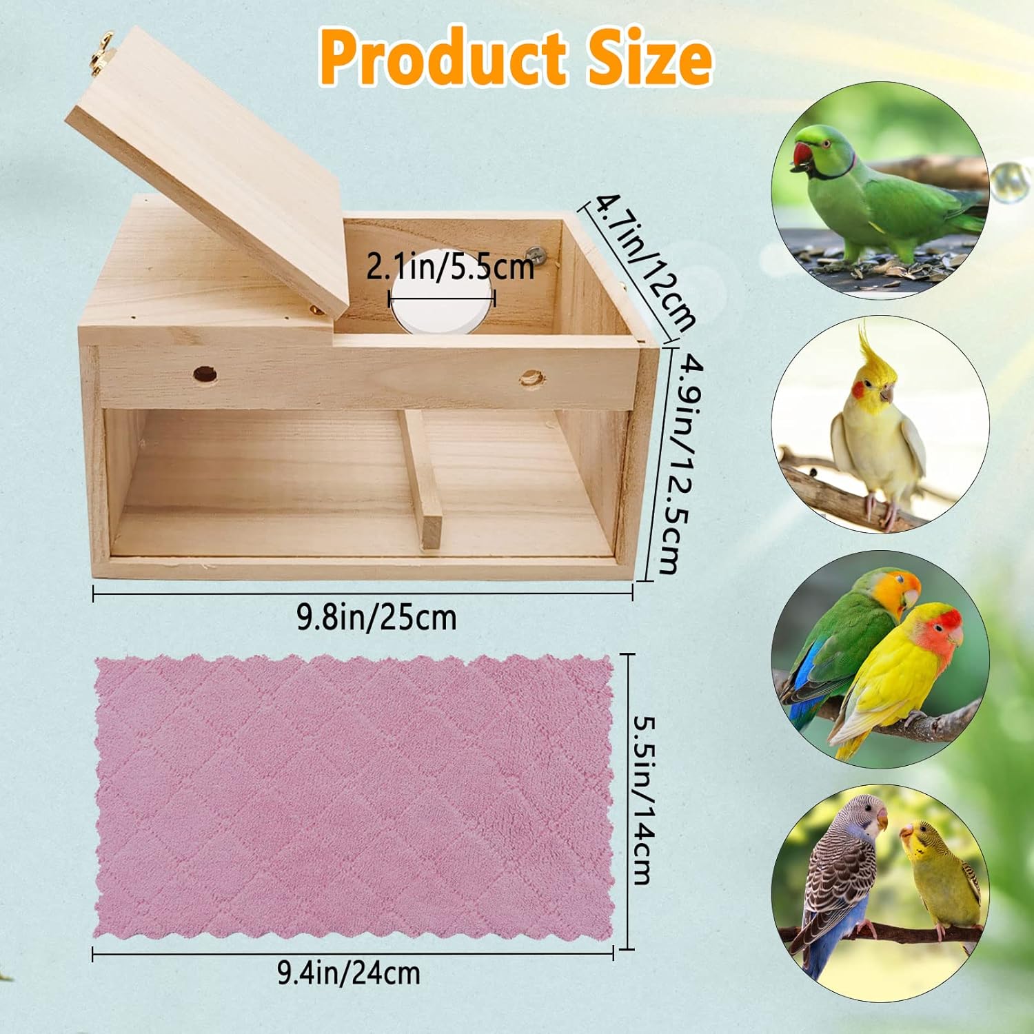 Bird nest box diagram labelled 25 by 12 by 12.5 cm, entrance 5.5 cm and fabric pad 24 by 14 cm