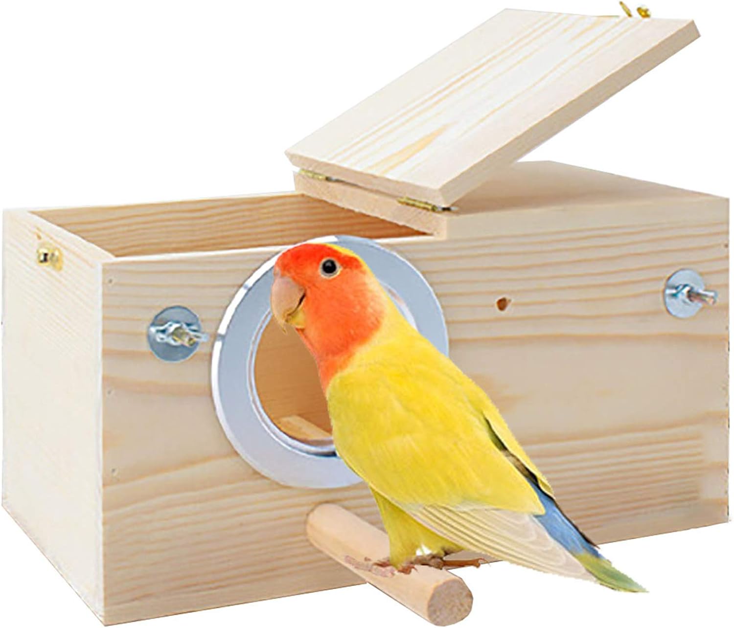 Pine nest box entrance view with top lid open, metal-rimmed round opening, perch and cage mounting fittings