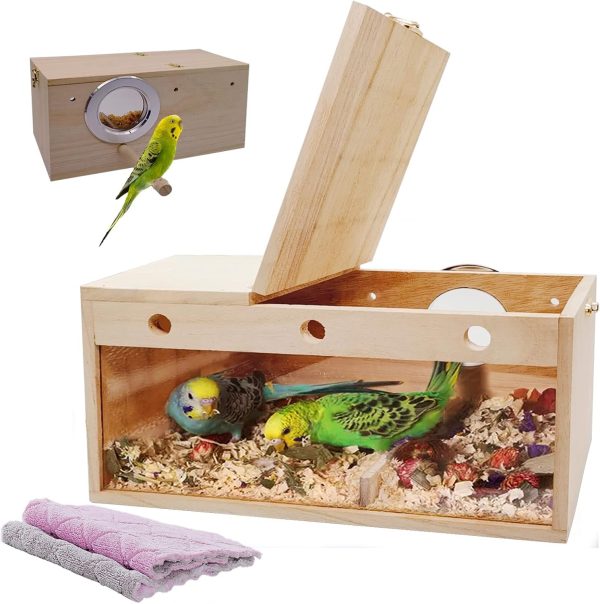 Pine bird nest box with top lid raised and clear side panel, with an inset showing the round entrance and perch