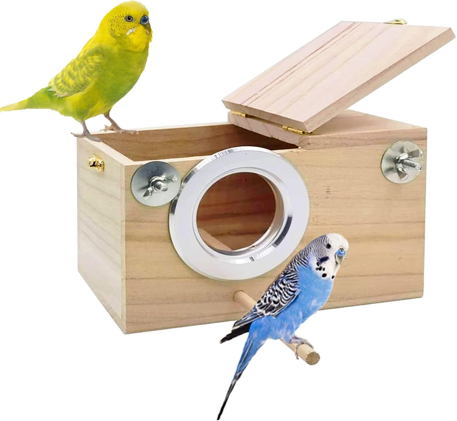 Pine parakeet nest box with a metal-rimmed round entrance, wooden perch, washers and wing nuts, and top lid open