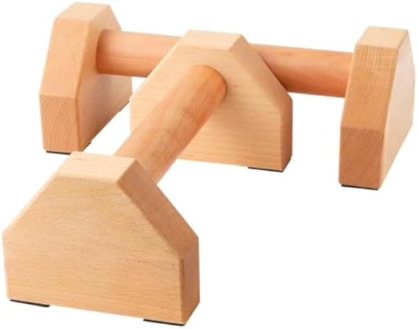 Two low beech wood push up stands with cylindrical handles and broad wooden end supports