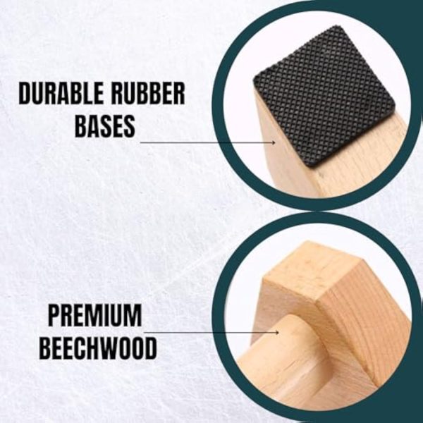 Close-up graphic showing a textured black rubber base pad and the beech wood handle joint