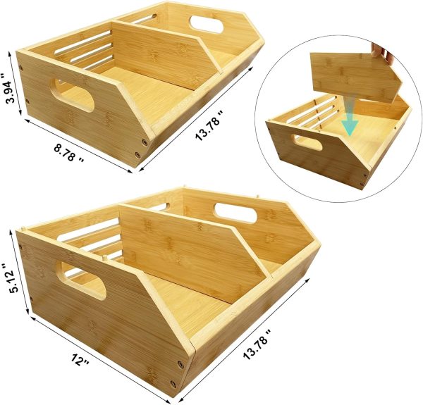 Bamboo storage bin diagram showing 13.78 by 8.78 by 3.94 inches and 13.78 by 12 by 5.12 inches, with a removable divider