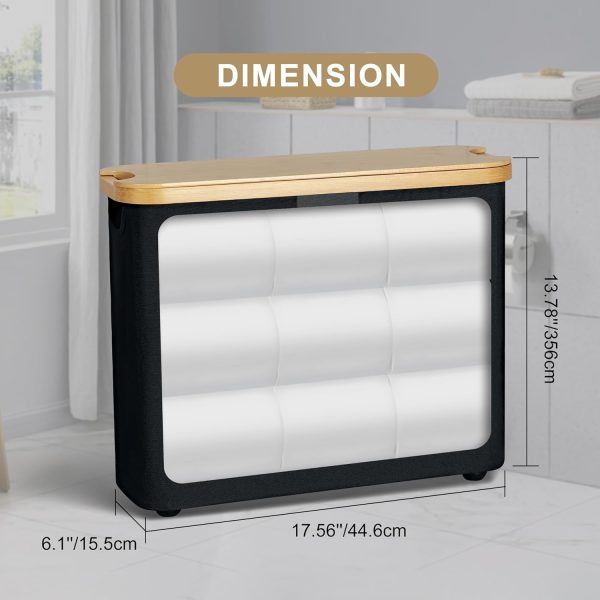 Toilet paper organizer dimension diagram showing 17.56 inches wide, 6.1 inches deep and 13.78 inches high with a cutaway roll layout