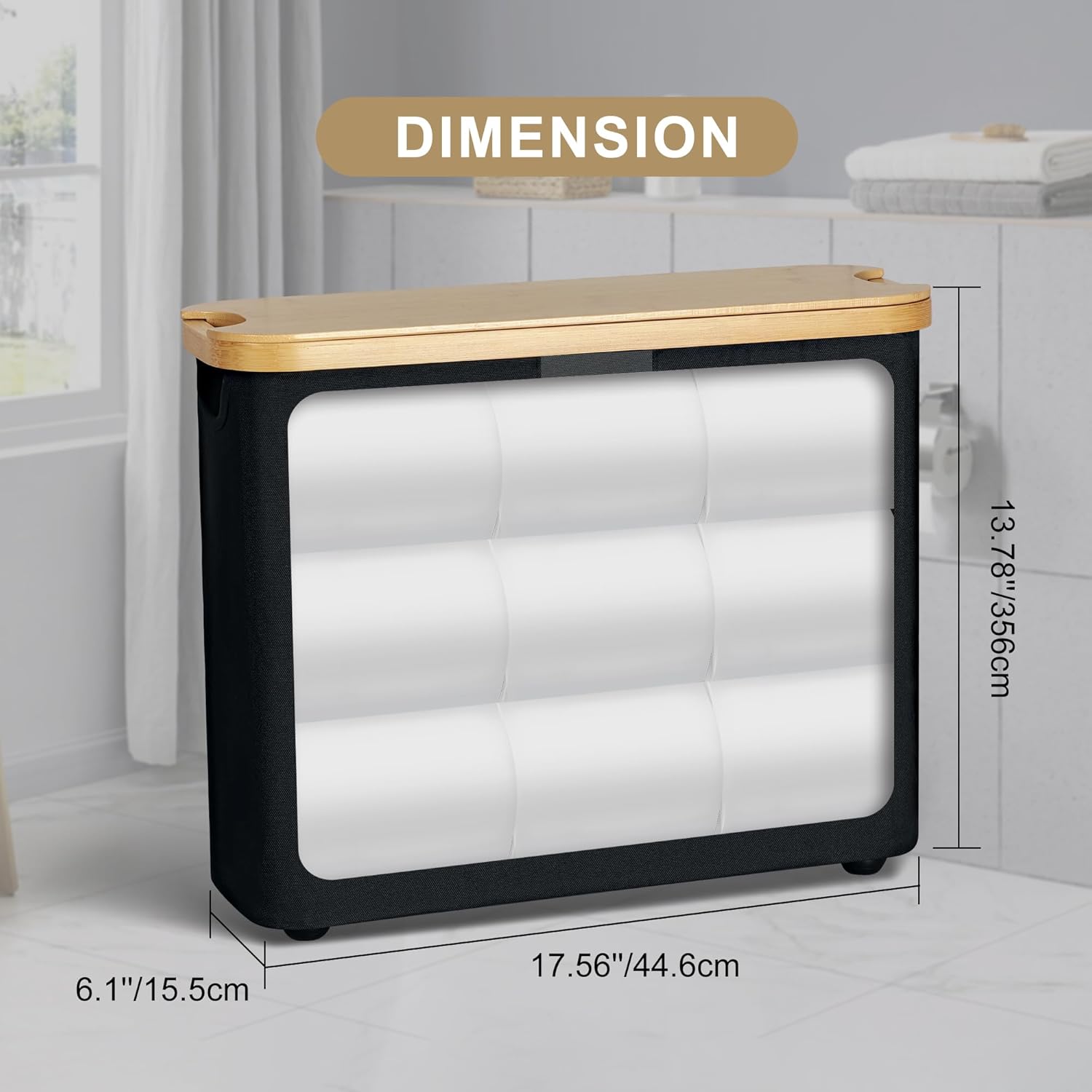 Toilet paper organizer dimension diagram showing 17.56 inches wide, 6.1 inches deep and 13.78 inches high with a cutaway roll layout