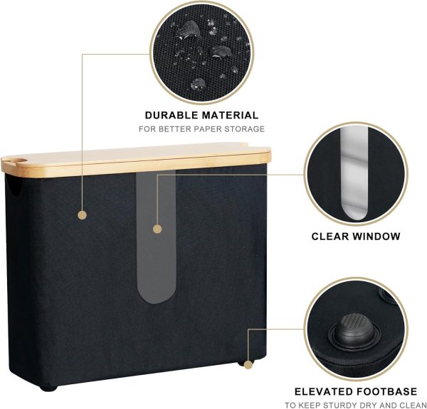Detail diagram of the black fabric organizer showing fabric texture, the narrow clear window and an elevated foot