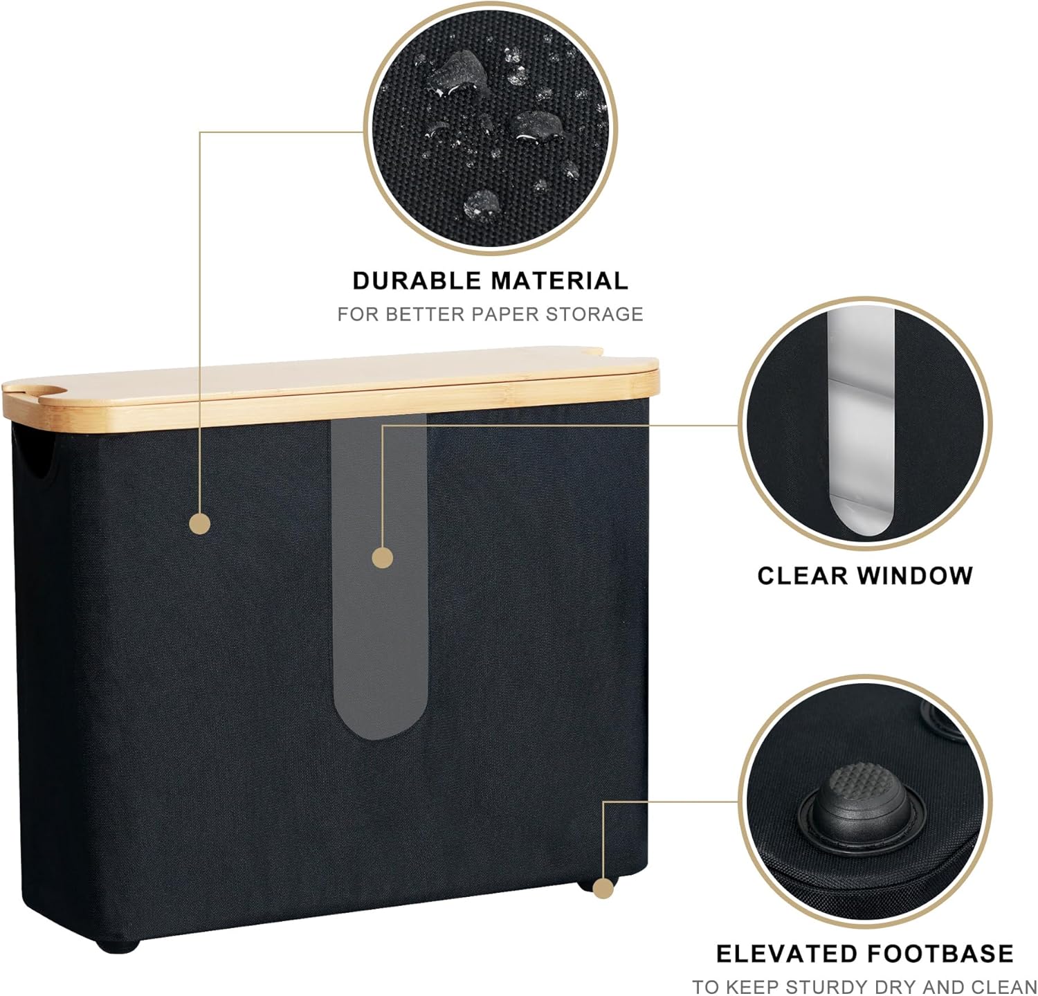 Detail diagram of the black fabric organizer showing fabric texture, the narrow clear window and an elevated foot