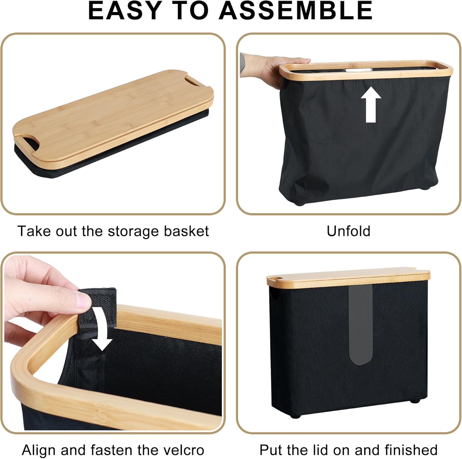 Four assembly steps showing the folded organizer, unfolded fabric body, hook-and-loop fastening and bamboo lid placement