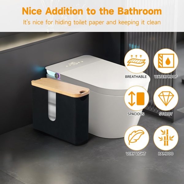 Black fabric toilet paper storage box with a bamboo lid and clear window beside a toilet, with feature icons