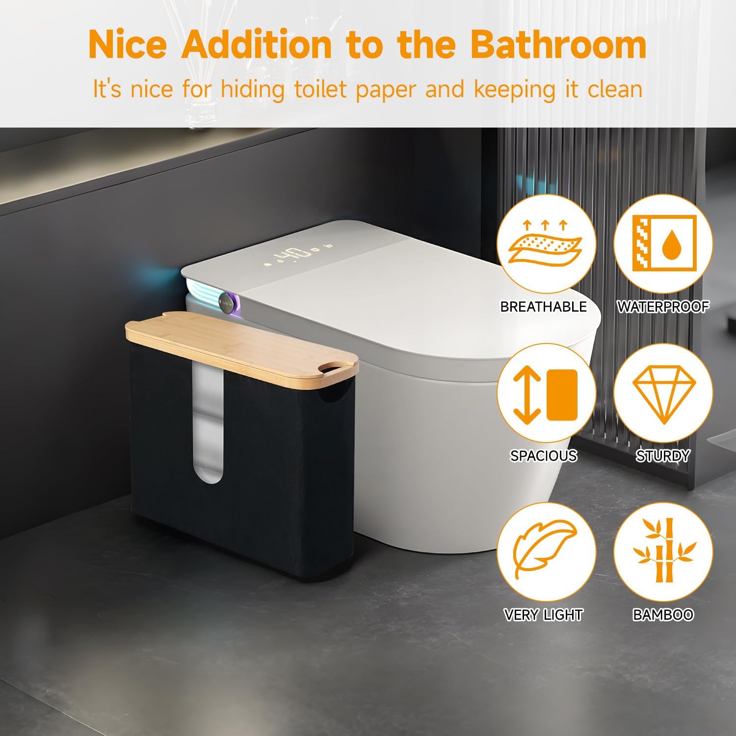 Black fabric toilet paper storage box with a bamboo lid and clear window beside a toilet, with feature icons