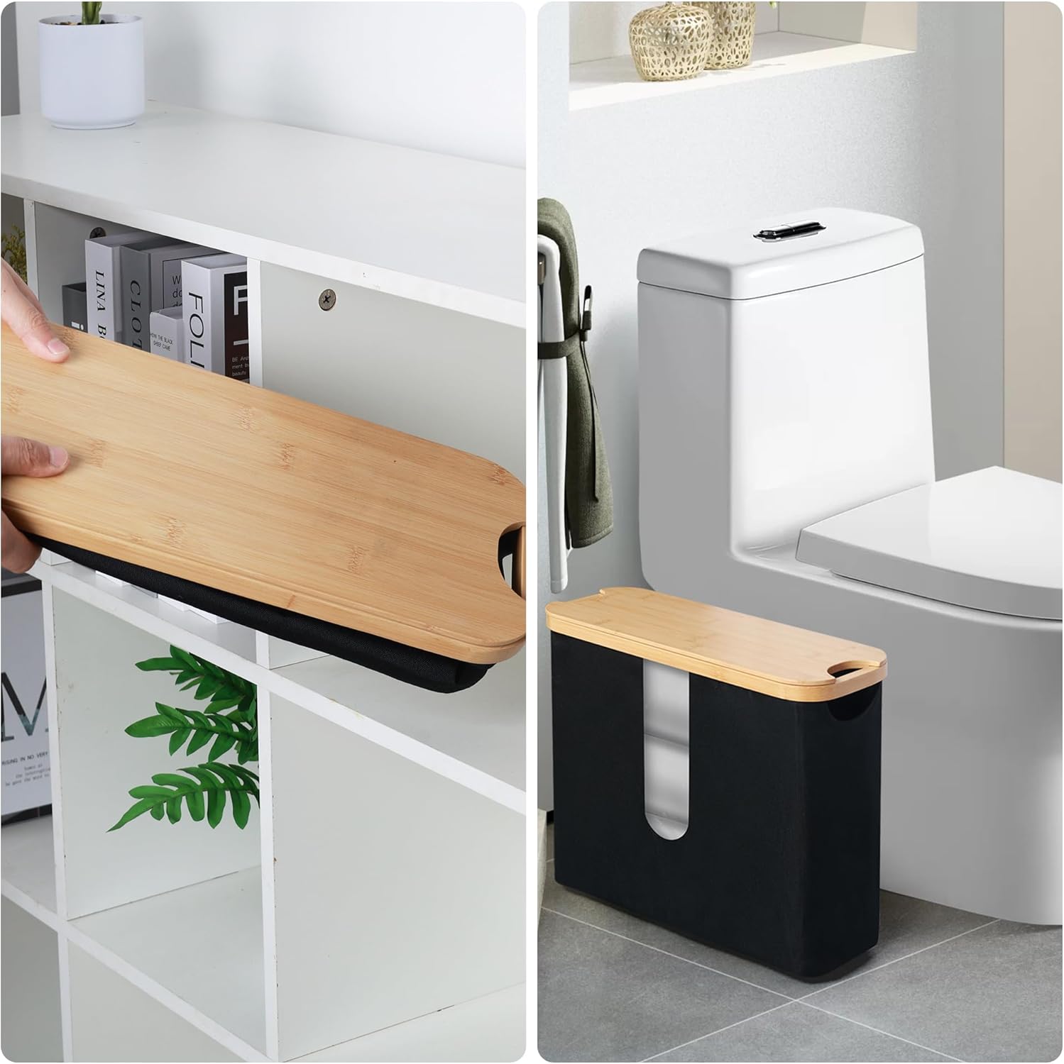 Two placement views showing the bamboo lid storage organizer in a cabinet and beside a toilet