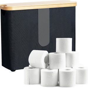 Black fabric toilet paper storage box with a bamboo lid, narrow clear window and raised feet, beside display rolls