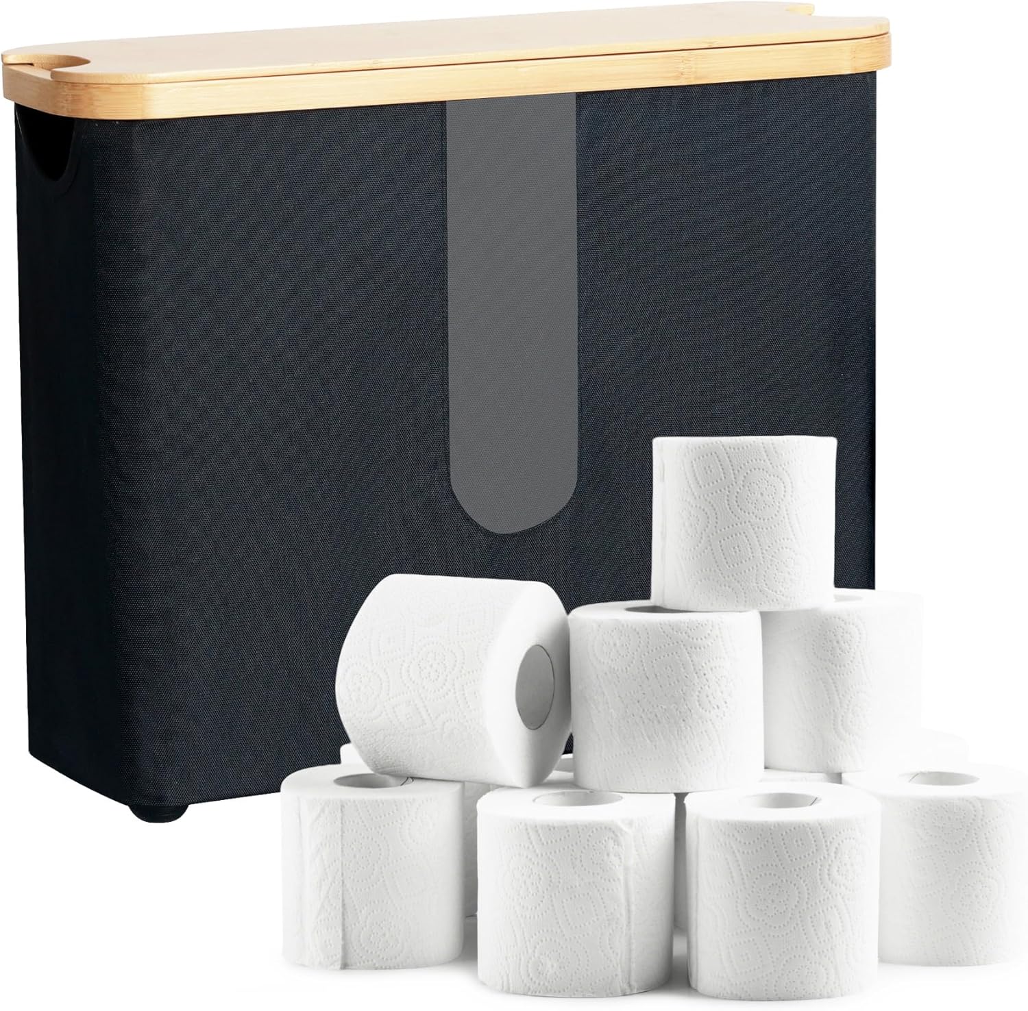 Black fabric toilet paper storage box with a bamboo lid, narrow clear window and raised feet, beside display rolls